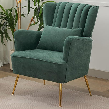 Fabric Accent Living Room Arm Chair with Pillow & Golden Legs, 8.5" Thick Cushion, Mid Century Modern Wingback Chairs Upholstered Comfy Sofa Armchair for Reading Room/Bedroom, Green