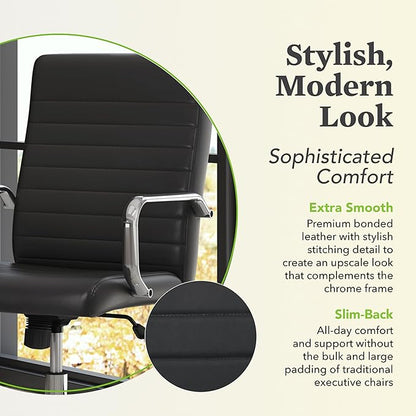 HON Sadie Executive Chair, Ergonomic Leather Office Chair with Chrome Arms and Back Support, for Computers, Desks, Home Offices, 360 Swivel, Black