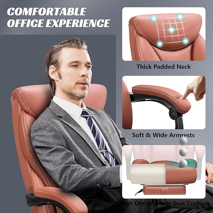 Office Chair, Executive Leather Chair Big and Tall Ergonomic Computer Desk Chair, Comfy Swivel Rolling Reclining Lumbar Support Task Chair with Adjustable High Back Foot Rest for Home Gaming