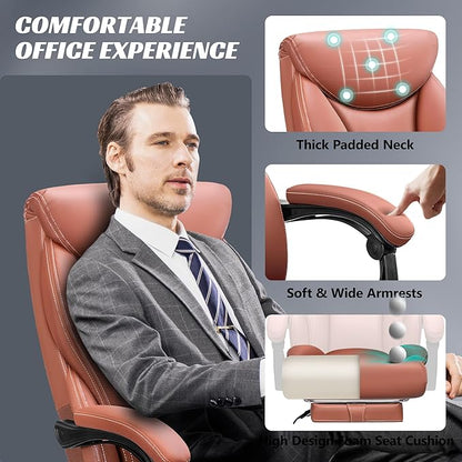 Office Chair, Executive Leather Chair Big and Tall Ergonomic Computer Desk Chair, Comfy Swivel Rolling Reclining Lumbar Support Task Chair with Adjustable High Back Foot Rest for Home Gaming