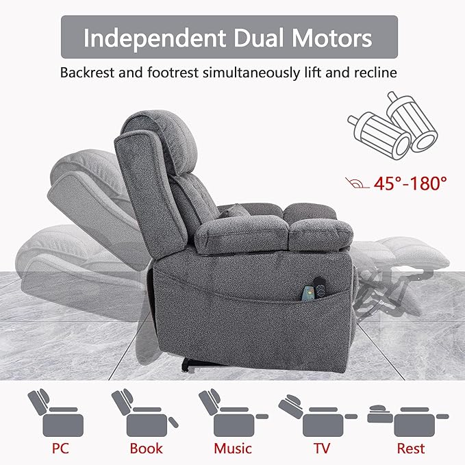 Big Man Power Lay Flat Lift Chair Oversized Recliner Dual Motor Heat Vibration for Elderly, Overstuffed Electric 28" Extra Wide Recliners with Flip Arm Storage Cup Holders,USB Type C Charging