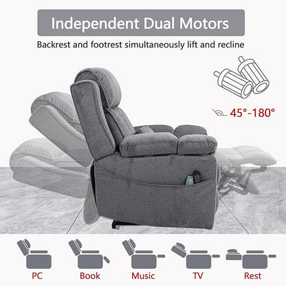 Big Man Power Lay Flat Lift Chair Oversized Recliner Dual Motor Heat Vibration for Elderly, Overstuffed Electric 28" Extra Wide Recliners with Flip Arm Storage Cup Holders,USB Type C Charging