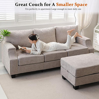 85" Sectional Couches with Storage Ottoman,L Shaped Couch with Armrest Organizer,3-Seater Sofa,Thick Cushions,Small Sofas for Living Room,Bedroom,Apartment,Chenille,Khaki