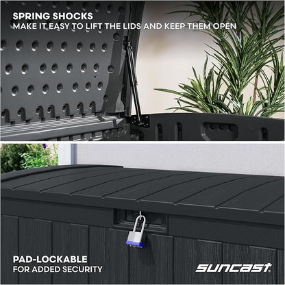 Suncast 134-Gal. Waterproof Resin Extra-Large Outdoor Patio Deck Box with Pad-Lockable Lid, Modern Outdoor Patio Bench/Storage Box for Cushions, Garden Tools, and More, Iron Ore