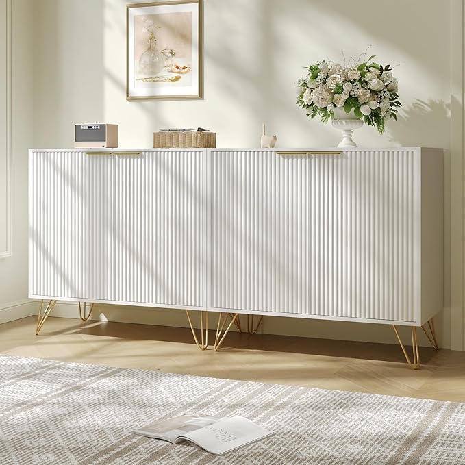 Fluted Storage Cabinet, Set of 2, Sideboard Buffet Cabinet, Modern Wood Accent Cabinet with Adjustable Shelves, Console Table for Living Room, Hallway, Entryway, White