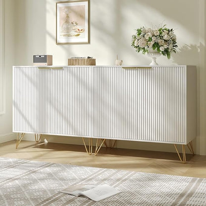 Fluted Storage Cabinet, Set of 2, Sideboard Buffet Cabinet, Modern Wood Accent Cabinet with Adjustable Shelves, Console Table for Living Room, Hallway, Entryway, White