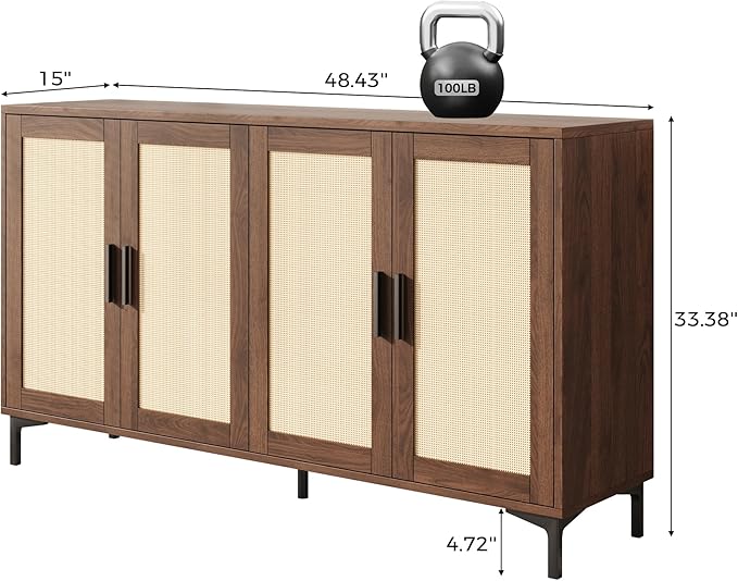 JASIWAY Sideboard - Kitchen Buffet Cabinet with Rattan Decorated Doors, Accent Sideboard Cabinet with Doors, Coffee Bar Cabinets Rattan Buffet Cabinets with Storage