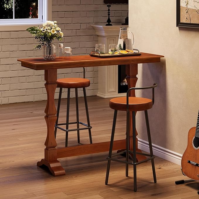 LITTLE TREE Bar Height Table, Small Pub Table with Solid Wood Base, Retro Mid-Century Design, Indoor Cocktail Bar for Small Spaces, Kitchen, Living Room, Mocha Brown