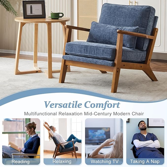 VINGLI Solid Wood Wide Armrests Accent Chair,Upholstered Mid Century Modern Chair with Pillow,Comfy Reading Chair Farmhouse Arm Chair,Chairs Living Room,Bedroom,Guest Room,Chenille Fabric,Dark Blue