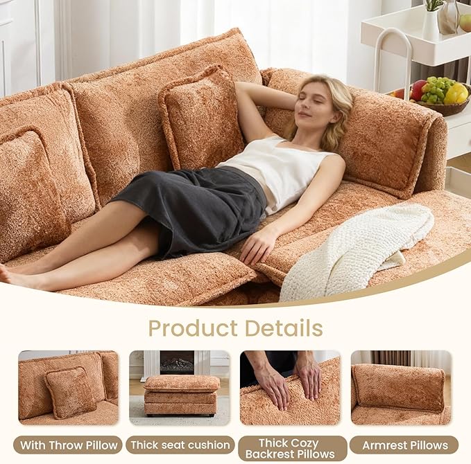 147.8" U Shaped Modular Sectional Sofa, Comfy Cloud Couch with Movable Ottoman, Deep Seat Modular Sofa, Sectional Couches for Living Room, Bedroom, Apartment (Orange)
