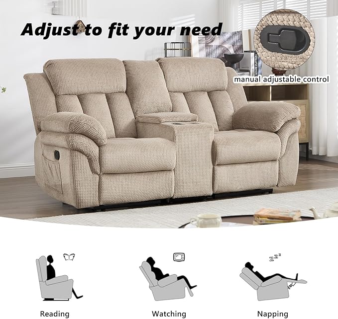 CANMOV Recliner Sofa Set, Manual Recliner Loveseat with Overstuffed Armrest for Living Room,Bedroom Furniture,Office,2 Seat Light Brown