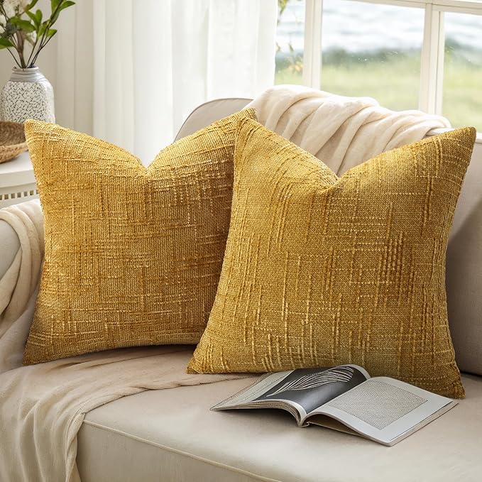 decorUhome Mustard Yellow Chenille Throw Pillow Covers 26x26 Set of 2 Thick Textured Slubby Couch Pillow Covers Farmhouse Accent Modern Neutral Decorative Pillow Cases for Bed Sofa Living Room