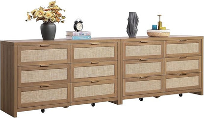 SICOTAS Rattan Dressers for Bedroom Set 2, Large 6 Drawer Dresser Long Chest of Drawers, Dresser Farmhouse TV Stand for Bedroom, Living Room, Nursery, Closet (Reclaimed Caramel Oak, 2 Pieces)