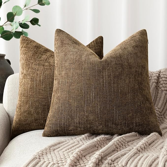 Foindtower Pack of 2 Soft Textured Chenille Throw Decorative Pillow Covers Square Accent Solid Cushion Cover Neutral Farmhouse Pillow Case for Couch Sofa Bedroom Living Room 18x18 Inch,Taupe Brown