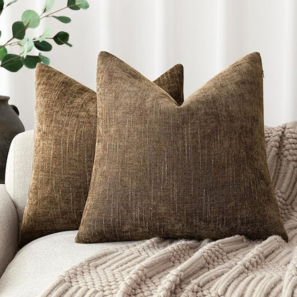 Foindtower Pack of 2 Soft Textured Chenille Throw Decorative Pillow Covers Square Accent Solid Cushion Cover Neutral Farmhouse Pillow Case for Couch Sofa Bedroom Living Room 22x22 Inch,Taupe Brown