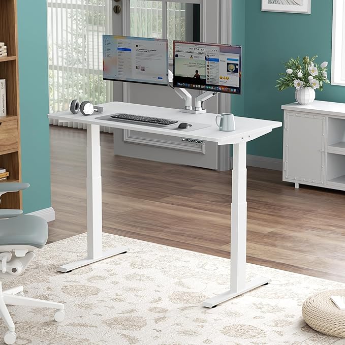 3 Stages Dual Motor Electric Standing Desk with One Piece Desktop, 48 x 24 Inch Adjustable Height Sit to Stand Up Desk for Home Office, Work & Study, White Frame & White Desktop (2 Packages)