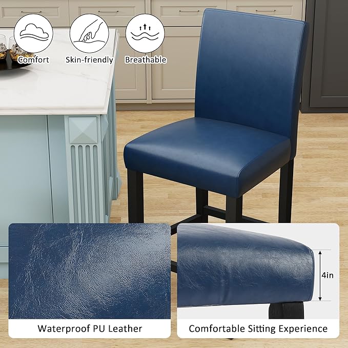 LSSPAID Counter Height Bar Stools Set of 4, 24.8 Inch Upholstered PU Leather Barstools, Modern Kitchen Island Chairs with Backrest and Solid Wood Legs, Navy Blue