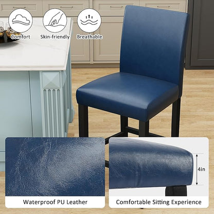 LSSPAID Counter Height Bar Stools Set of 2, 24.8 Inch Upholstered PU Leather Barstools, Modern Kitchen Island Chairs with Backrest and Solid Wood Legs, Navy Blue