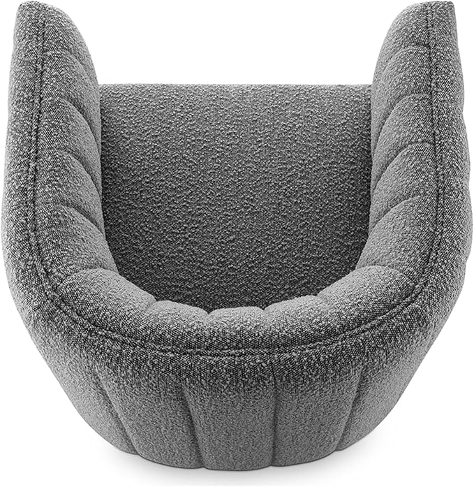 CHERS Rivet Mid-Century Modern Swivel Armchair, Bouclé Fabric Channel-Tufted Accent Chair, 360-Degree Rotating Lounge Chair with Ergonomic Design for Living Room, Bedroom, Home Theater, Gray