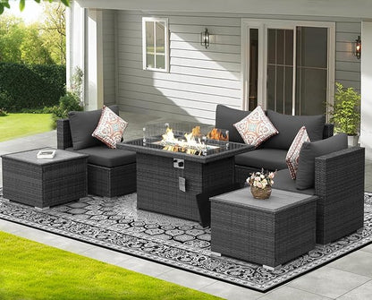 NICESOUL 7 Piece Outdoor Sectional Sofa Set with Fire Pit Natural Gas/Propane, 29.3'' High Back Comfortable Oversized Patio Wicker Furniture Set, Heavy Duty Conversations for Garden Backyard, Gray