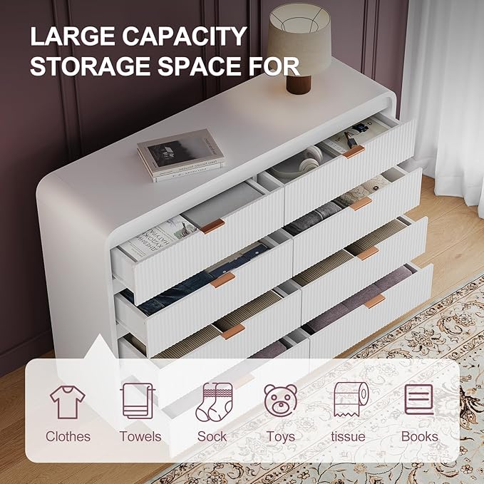 FURSUN Fluted 8 Drawers Dresser for Bedroom, 55" Wide Wooden Dresser with Metal Handle, Curved Profile Design, Modern Storage Organizer for Bedroom, Hallway (White)