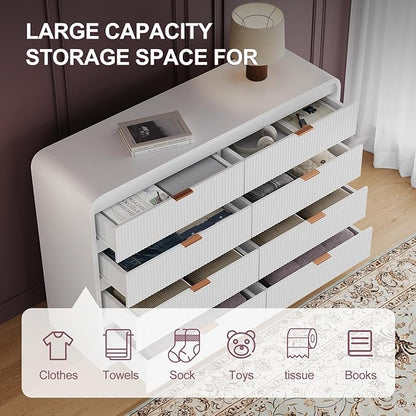 FURSUN Fluted 8 Drawers Dresser for Bedroom, 55" Wide Wooden Dresser with Metal Handle, Curved Profile Design, Modern Storage Organizer for Bedroom, Hallway (White)