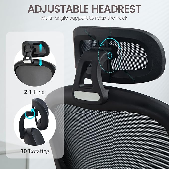 Yilaywain Ergonomic Office Chair, Home Office Desk Chair with Adjustable Headrest, High Back Computer Chair with Armrests and Lumbar Support for Home Office Study Room, Black & Gray (Black)