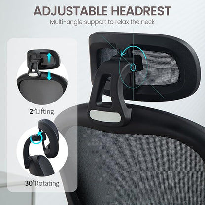 Yilaywain Ergonomic Office Chair, Home Office Desk Chair with Adjustable Headrest, High Back Computer Chair with Armrests and Lumbar Support for Home Office Study Room, Black & Gray (Black)