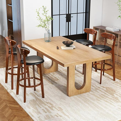 COSTWAY Bar Stool Set of 4, 30.5'' Bar Height Barstools w/Curved Backrest, Faux Leather Cushion & Rubber Wood Frame, Mid Century Modern Island Chairs for Kitchen Bar Cafe, Walnut