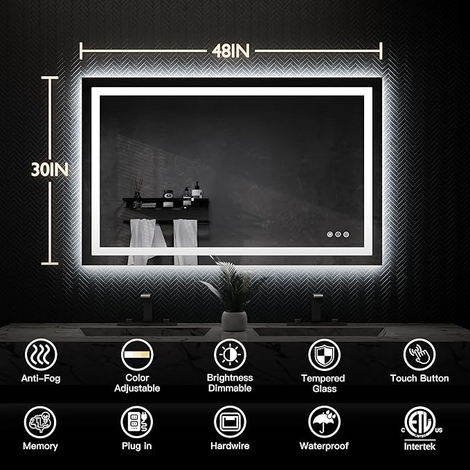 ISKM 48'' x 30'' LED Mirror for Bathroom Lighted Vanity Mirror for Wall Front Lights + Backlit LED Bathroom Mirror Anti-Fog Tempered Glass ETL Listed