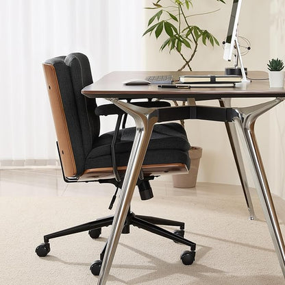Home Office Desk Chair with Armrests & Wheels, Modern Walnut Swivel Rolling Executive Task Chair, Height Adjustable Ergonomic Computer Chair, Black Fabric