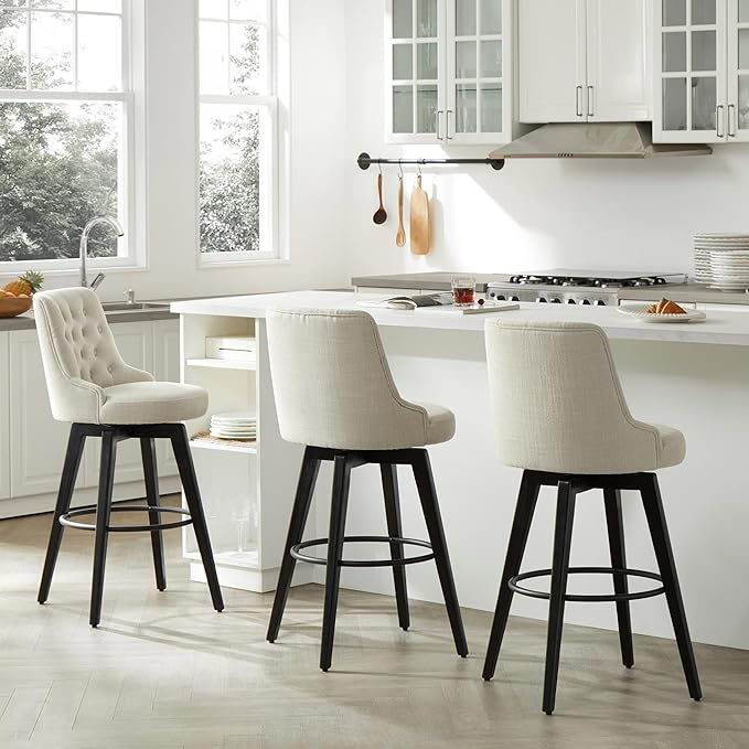 Watson & Whitely Bar Stools, 360° Swivel Upholstered Bar Stool with Back, 30" H Bar Height Barstools, Set of 2, Performance Fabric in Linen