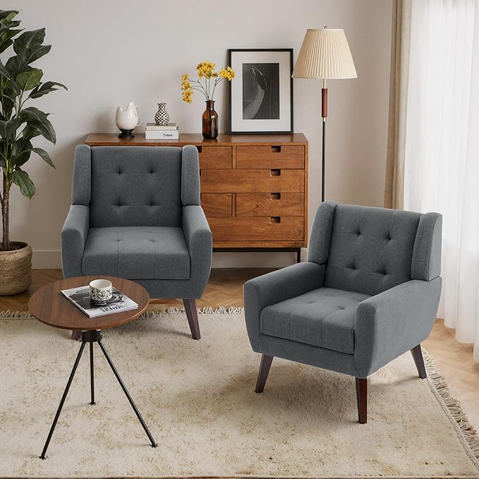 Accent Chair, Mid-Century Modern Upholstered Armchair, Comfy Fabric Living Room Chairs Reading Chairs with Button Tufted Back & Solid Wood Legs for Bedroom, Office, Gray