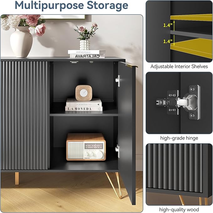 Fluted Buffet Cabinet,Wooden Console Storage with 3 Doors and Adjustable Shelves,Black Sideboard for Entryway,Kitchen,Bathroom,Home Office