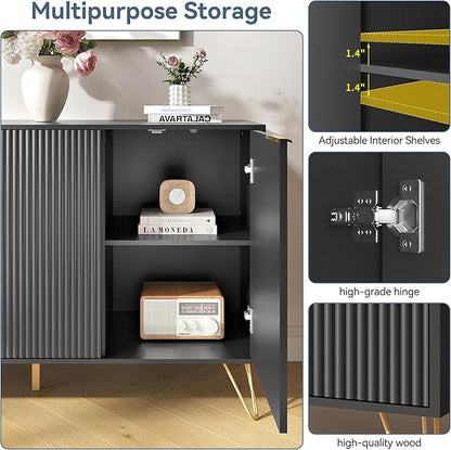 Storage Cabinet Set of 2, Black Fluted Cabinet with Adjustable Shelves, Modern Coffee Bar for Kitchen, Living Room and Office
