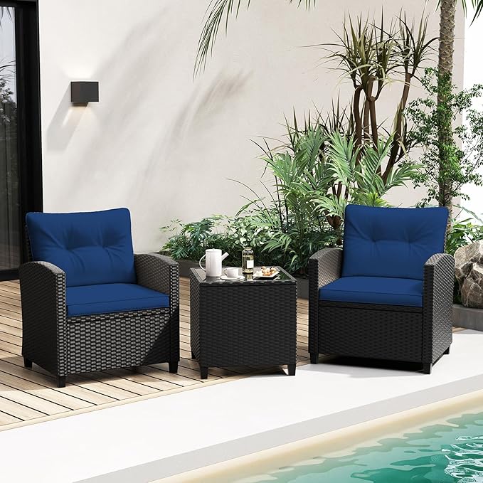 Tangkula 3 Piece Patio Furniture Set, Rattan Conversation Set w/Soft Seat & Back Cushions, Tempered Glass Topped Coffee Table, Cushioned Wicker Seating Set for Backyard, Porch, Poolside