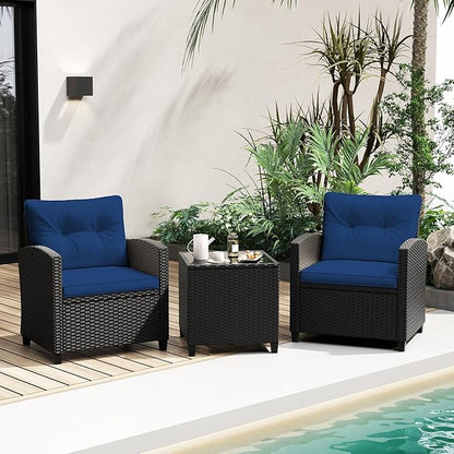 Tangkula 3 Piece Patio Furniture Set, Rattan Conversation Set w/Soft Seat & Back Cushions, Tempered Glass Topped Coffee Table, Cushioned Wicker Seating Set for Backyard, Porch, Poolside