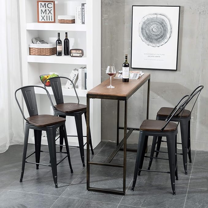 Aklaus Swivel Metal Bar Stools Set of 4 Counter Height Stools Counter Bar Stools with Back Swivel Metal Bar Chairs Wooded Seat 30 Inch Matte Black Barstools