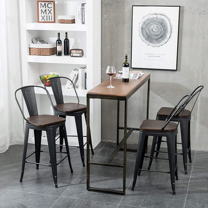 Aklaus Swivel Metal Bar Stools Set of 4 Counter Height Stools Counter Bar Stools with Back Swivel Metal Bar Chairs Wooded Seat 30 Inch Matte Black Barstools