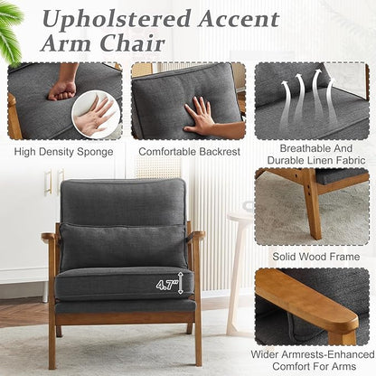 VINGLI Solid Wood Wide Armrests Accent Chair Set of 2,Upholstered Mid Century Modern Chair with Pillow,Farmhouse Arm Chair Comfy Reading Chair,Chairs Living Room,Bedroom,Guest Room,Linen Fabric,Grey