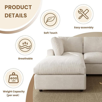WJShome Sectional Couches for Living Room, 67 Inch Loveseat Sofa with Ottoman, Modern Chenille Fabric & Double Layer Cushions, Modular Couch for Apartment/Bedroom，Beige