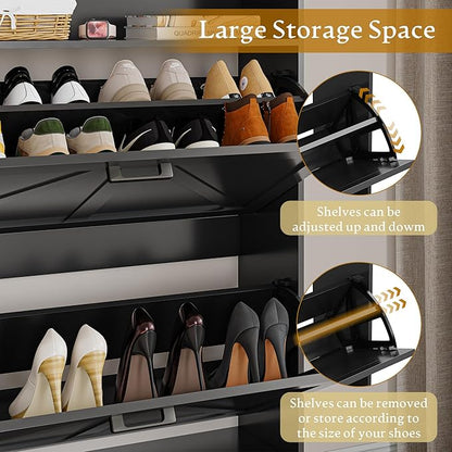 Shoe Storage Cabinet with 2 Flip Drawers, Narrow Wood Shoe Cabinet Storage for Entryway with Metal Legs & Hooks, Adjustable Shelves, Freestanding Shoe Rack Organizer for Foyer, Hallway, Black