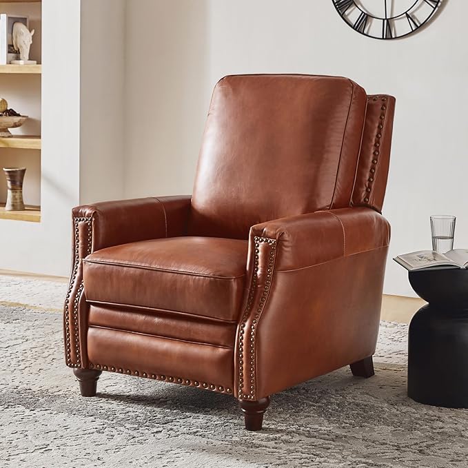 HULALA HOME Genuine Leather Recliner Chair Set of 2, Push Back Recliner Armchair with Thick Seat and Backrest(Saddle)