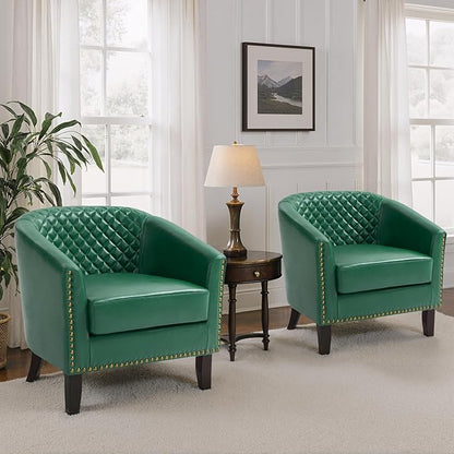 Pia Ricco Faux Leather Barrel Accent Chair, Modern Club Arm Chair Comfy Upholstered Single Sofa Chair with Solid Wood Legs and Nailhead Trim for Living Room/Reading Room (Green)
