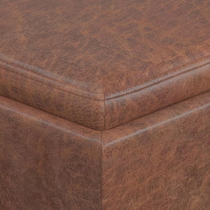 SIMPLIHOME Rockwood 18 inch Wide Contemporary Square Cube Storage Ottoman with Tray in Distressed Saddle Brown Vegan Faux Leather, Assembled, For the Living Room, Entryway and Family Room