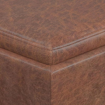 SIMPLIHOME Rockwood 18 inch Wide Contemporary Square Cube Storage Ottoman with Tray in Distressed Saddle Brown Vegan Faux Leather, Assembled, For the Living Room, Entryway and Family Room