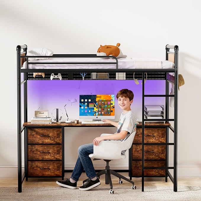 Loft Bed with Desk, Gaming Bunk Bed with Stairs, Twin Metal Loft Bed Heavy Duty Loft Beds for Adults, 6 Fabric Drawers, LED Lights & Charging Sation, No Noise & No Box Spring Needed, Black