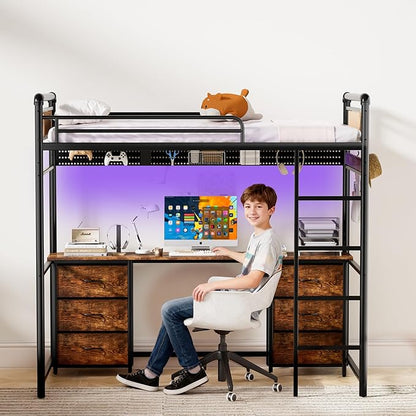 Loft Bed with Desk, Gaming Bunk Bed with Stairs, Twin Metal Loft Bed Heavy Duty Loft Beds for Adults, 6 Fabric Drawers, LED Lights & Charging Sation, No Noise & No Box Spring Needed, Black