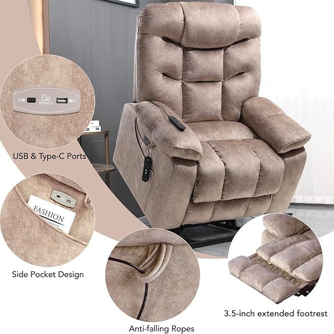 EONIX Oversized Big Man Power Lift Recliner Chair for Elderly with Heat and Massage, 400lbs Dual Motor Lay Flat Electirc Lift Chair with Extended Footrest, SLRY008063, Beige