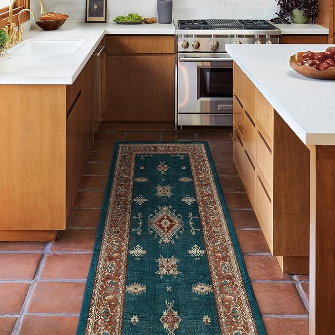 RUGGABLE Washable Vintage Area Rug – Verena Teal Blue 8 ft Round, Stain-Resistant, Non-Slip – Large Machine Washable Rugs for Living Room, Bedroom, Hallway, Entryway & Office–with Standard Pad